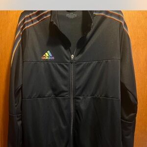 Adidas Men's Black Windbreaker with Colorful Stripes